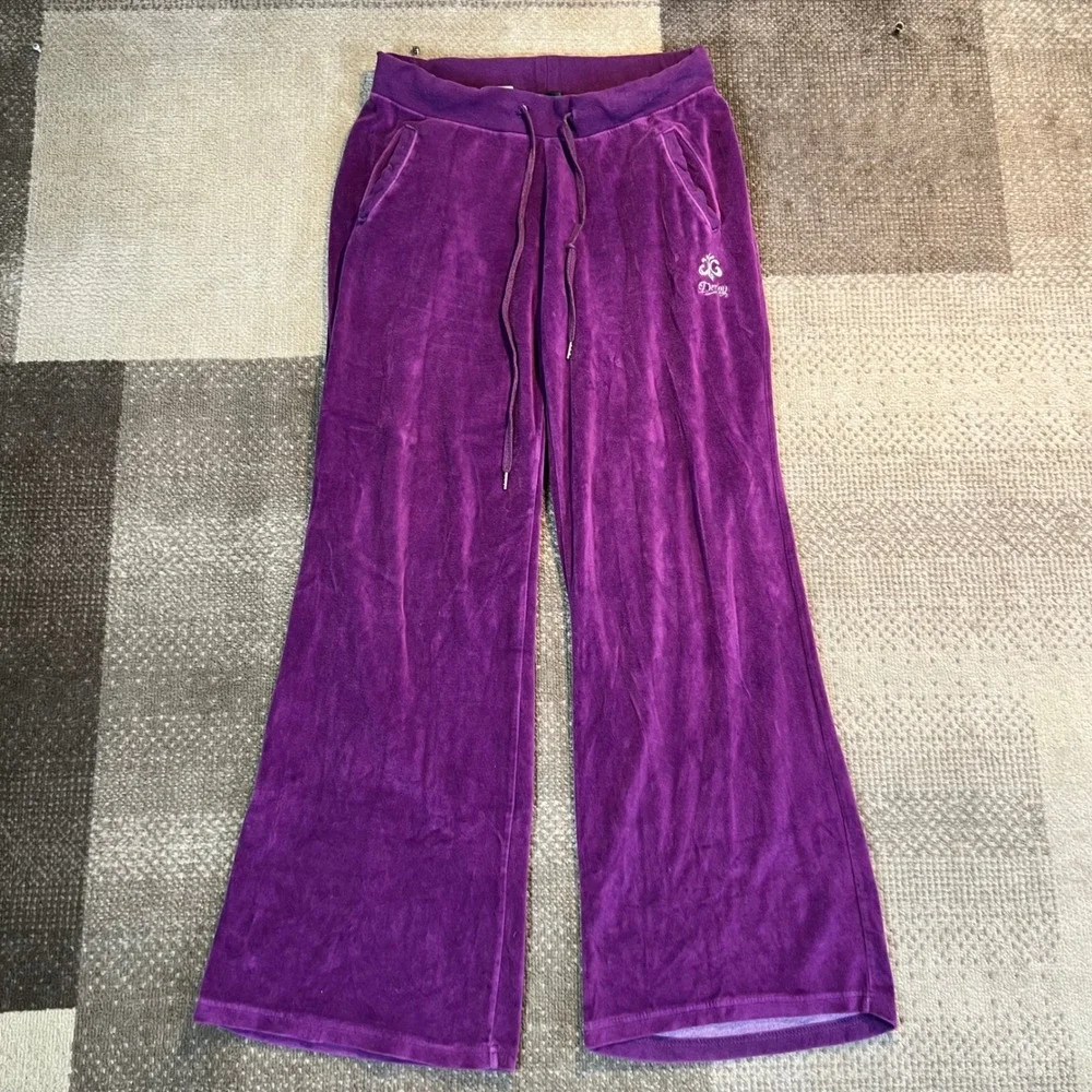 Derion Womens Purple Velour Wide Leg Track Pants‎ Y2K Flare Lounge Size Large